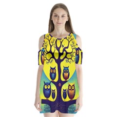 Owl Animal Cartoon Drawing Tree Nature Landscape Shoulder Cutout Velvet One Piece by Uceng
