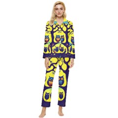 Owl Animal Cartoon Drawing Tree Nature Landscape Womens  Long Sleeve Velvet Pocket Pajamas Set