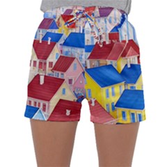 City Houses Cute Drawing Landscape Village Sleepwear Shorts by Uceng