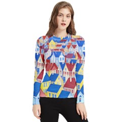 City Houses Cute Drawing Landscape Village Women s Long Sleeve Rash Guard by Uceng