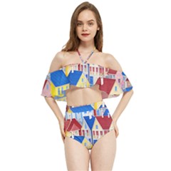 City Houses Cute Drawing Landscape Village Halter Flowy Bikini Set  by Uceng