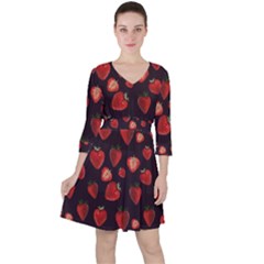 Watercolor Strawberry Quarter Sleeve Ruffle Waist Dress by SychEva