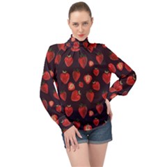 Watercolor Strawberry High Neck Long Sleeve Chiffon Top by SychEva