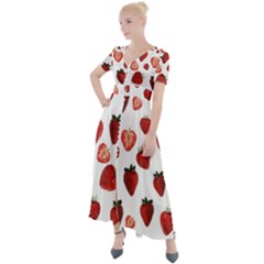 Strawberry Watercolor Button Up Short Sleeve Maxi Dress by SychEva