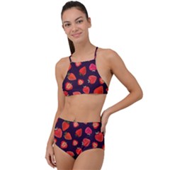 Strawberry On Black High Waist Tankini Set by SychEva