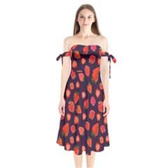 Strawberry On Black Shoulder Tie Bardot Midi Dress by SychEva