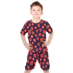 Strawberry On Black Kids  Tee And Shorts Set by SychEva