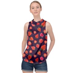 Strawberry On Black High Neck Satin Top by SychEva