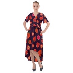 Strawberry On Black Front Wrap High Low Dress by SychEva