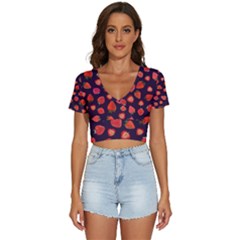 Strawberry On Black V-neck Crop Top by SychEva