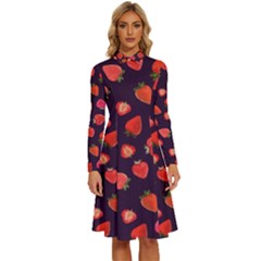 Strawberry On Black Long Sleeve Shirt Collar A-line Dress by SychEva