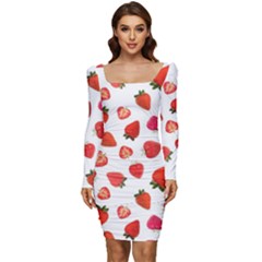 Strawberries Women Long Sleeve Ruched Stretch Jersey Dress by SychEva