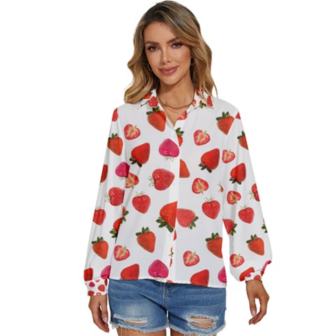 Strawberries Women s Long Sleeve Button Down Shirt by SychEva