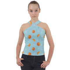 Oranges Pattern Cross Neck Velour Top by SychEva