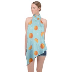 Oranges Pattern Halter Asymmetric Satin Top