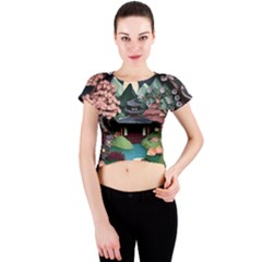 Japanese Garden Flowers Landscape Crew Neck Crop Top