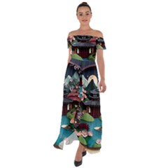 Japanese Garden Flowers Landscape Off Shoulder Open Front Chiffon Dress