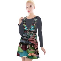 Japanese Garden Flowers Landscape Plunge Pinafore Velour Dress