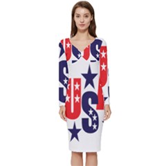 Usa Stars Fourth Of July Symbol America Usa Stars Long Sleeve V-neck Bodycon Dress  by Wegoenart