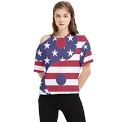 Yang Yin America Flag Abstract Art Asian Balance One Shoulder Cut Out Tee by Wegoenart