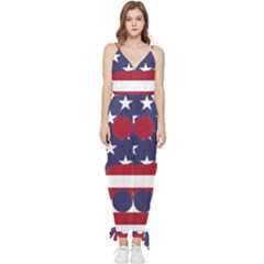 Yang Yin America Flag Abstract Art Asian Balance Sleeveless Tie Ankle Chiffon Jumpsuit by Wegoenart