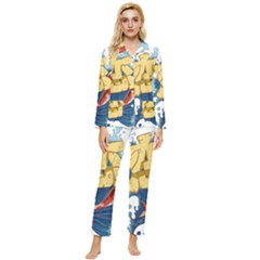 Wave Fish Koi Splash Character Carp Womens  Long Sleeve Velvet Pocket Pajamas Set