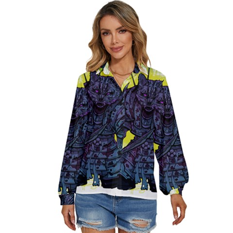 Zombie Animal Warrior Armor Arrows Aura Women s Long Sleeve Button Down Shirt by Wegoenart