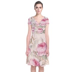 Roses-58 Short Sleeve Front Wrap Dress