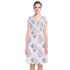 Roses-white Short Sleeve Front Wrap Dress by nateshop