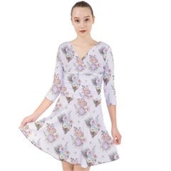 Roses-white Quarter Sleeve Front Wrap Dress by nateshop