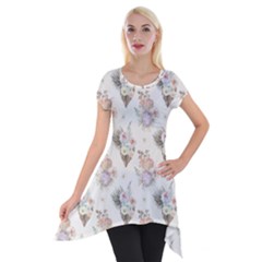 Roses-white Short Sleeve Side Drop Tunic by nateshop