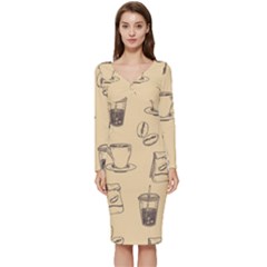 Coffee-56 Long Sleeve V-Neck Bodycon Dress 