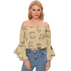 Coffee-56 Off Shoulder Flutter Bell Sleeve Top