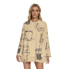 Coffee-56 Round Neck Long Sleeve Bohemian Style Chiffon Mini Dress