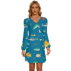 Fish-73 Long Sleeve Waist Tie Ruffle Velvet Dress by nateshop