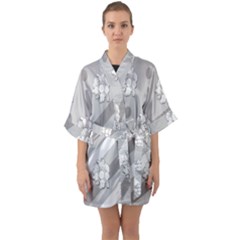 Strip-gray Half Sleeve Satin Kimono  by nateshop