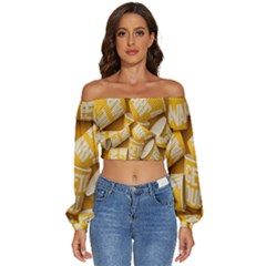 Yellow-cups Long Sleeve Crinkled Weave Crop Top by nateshop