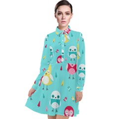 Owls Owl Bird Cute Animal Art Vector  Pattern Colorful Long Sleeve Chiffon Shirt Dress by Salman4z