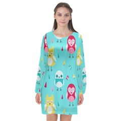 Owls Owl Bird Cute Animal Art Vector  Pattern Colorful Long Sleeve Chiffon Shift Dress  by Salman4z