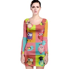 Owls Pattern Abstract Art Vector Cartoon Long Sleeve Bodycon Dress