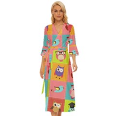 Owls Pattern Abstract Art Vector Cartoon Midsummer Wrap Dress