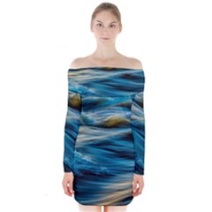 Waves Wave Water Blue Sea Ocean Abstract Long Sleeve Off Shoulder Dress