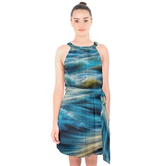 Waves Wave Water Blue Sea Ocean Abstract Halter Collar Waist Tie Chiffon Dress by Salman4z