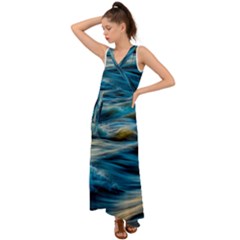 Waves Wave Water Blue Sea Ocean Abstract V-Neck Chiffon Maxi Dress