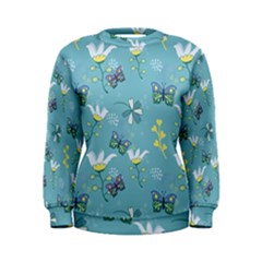 Butterflies Flowers Blue Background Spring Pattern Women s Sweatshirt