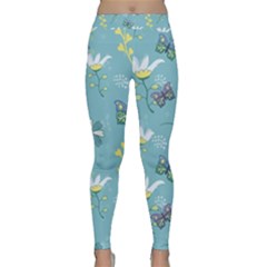 Butterflies Flowers Blue Background Spring Pattern Classic Yoga Leggings by Ravend