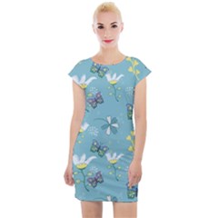 Butterflies Flowers Blue Background Spring Pattern Cap Sleeve Bodycon Dress