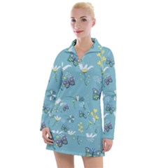 Butterflies Flowers Blue Background Spring Pattern Women s Long Sleeve Casual Dress