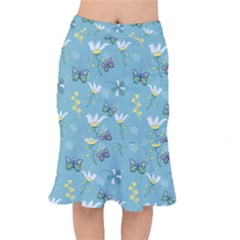 Butterflies Flowers Blue Background Spring Pattern Short Mermaid Skirt