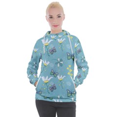 Butterflies Flowers Blue Background Spring Pattern Women s Hooded Pullover